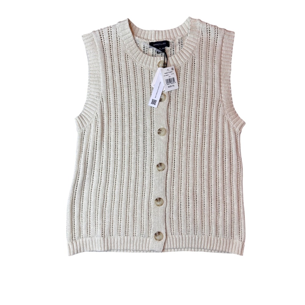 Sanctuary Cream White Cotton Pointelle Knit Button Front Cardigan Vest XL NEW